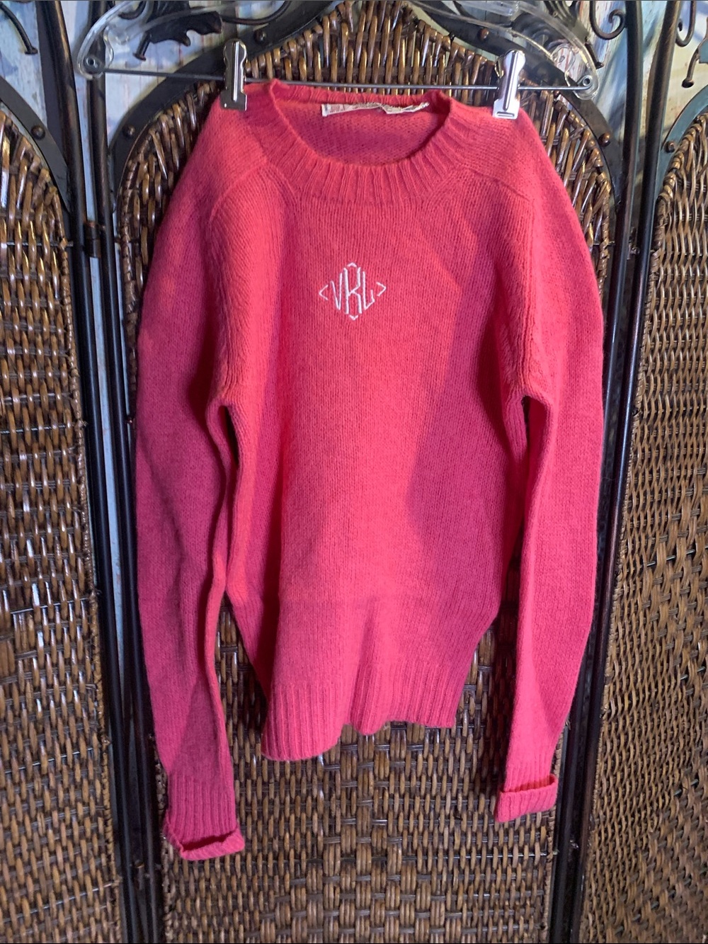 Vintage Monogrammed Pink 100% Wool Sweater Size S